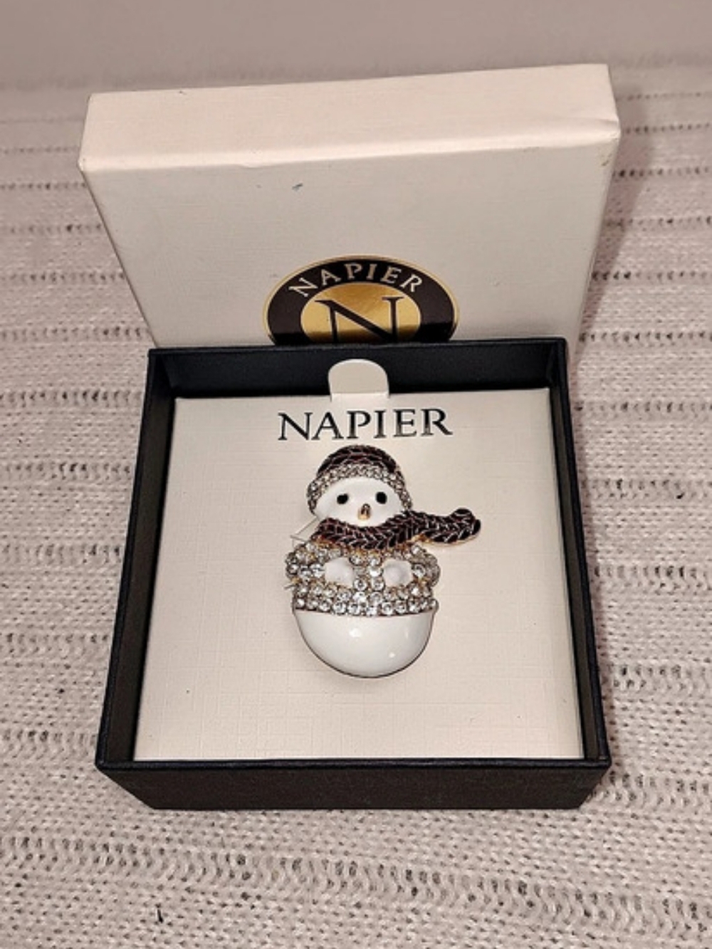 Napier Rhinestone and Enamel Snowman Brooch White & Gold
